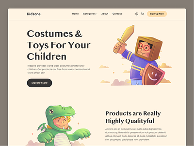 Kidzone || Header & Hero Exploration costumes design designer illustration kids landing page play toys typography ui ui design uiux ux vector web design website