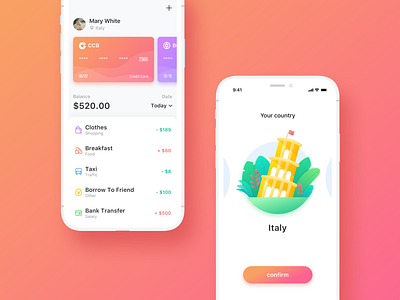 Financial app balance country design financial money red sketch ui user profile