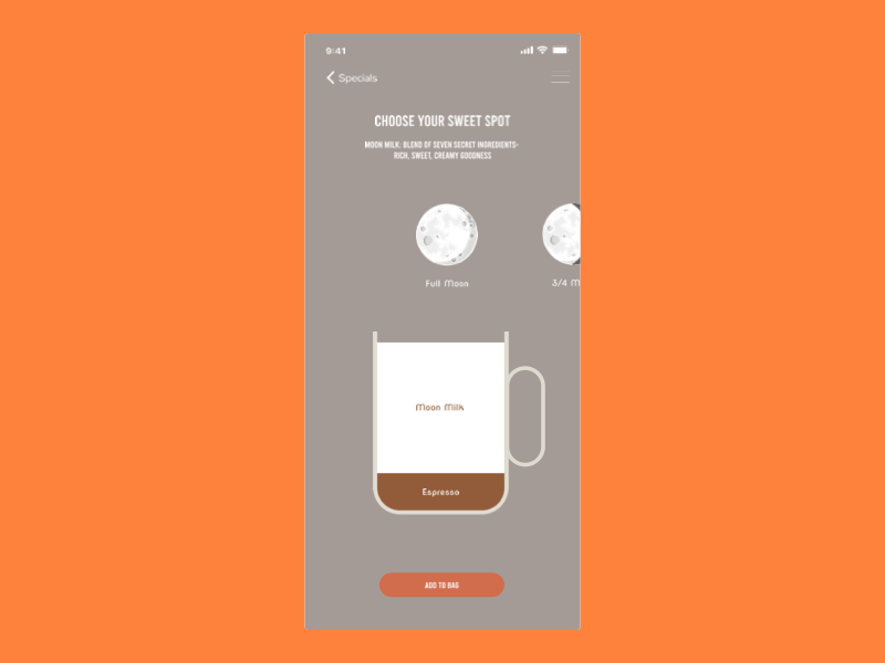 Coffee ordering flow for Summer Moon Cafe app coffee design figma food principle ui ux