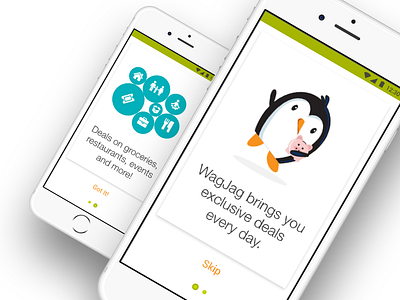Wagjag.com On-boarding app canadian clean e commerce green mobile on boarding shopping simple ui ux design