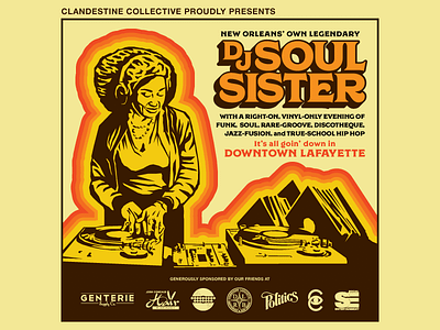 DJ Soul Sister Promo Graphic 70s clandestine collective dj funk music pop up retro soul sunny warm