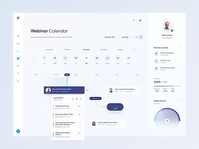 Webinar Calendar - Workspace analytics app calendar clean dashboard desktop flat graph interface light management overview sidebar statistics ui ux web workspace