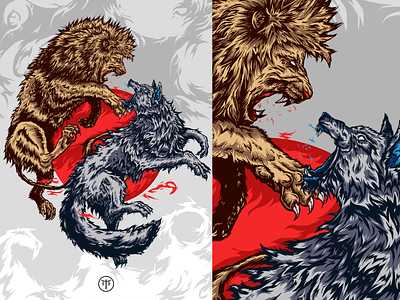 Lannister Vs Stark Illustration animal animal art design digital illustration digital painting digitalart game of thrones hbo illustration lannister lion poster poster art poster design stark war wolf