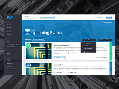 PIP Dashboard calendar dashboard events filter schedule ui uiux ux web application website