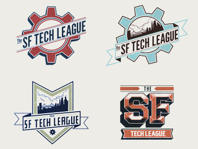 SF Tech League logo concepts banners cogs comps concepts corporate wellness design graphic design identity logo san francisco sports tech industry textures type typography vintage