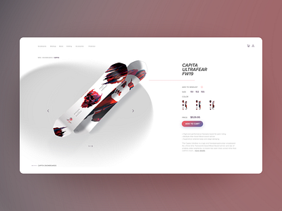 Snowboard product page design ecommerce flypage minimal products shop ui web