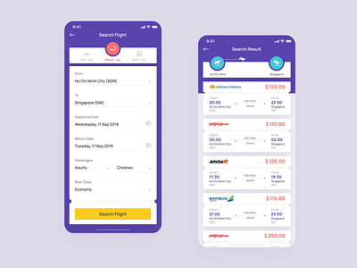 Search Flight airline app booking clean colorful flat design flight form purple search