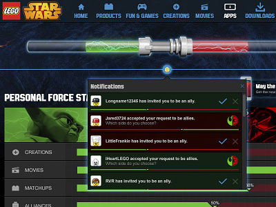 Notifications dark side dashboard force gamification lego light side star wars starwars vader yoda