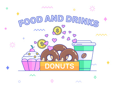 Food & Drinks advertising blue cake choco coffe donuts drinks green money pink yellow