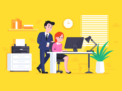 Office boss computer illustration office printer shapes yellow