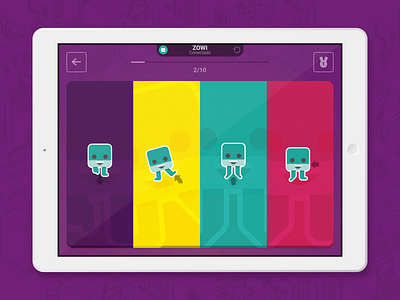 Zowi App app control design game game art happy illustration purple robot ui ux vector