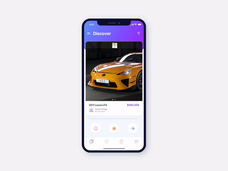 Car Finder App - Prototype car dating feed gradient interaction ios match profile prototype swipe tinder user interface