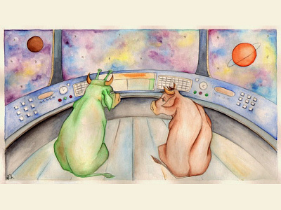 In space alien cow drawing dream love space spaceship universe watercolor