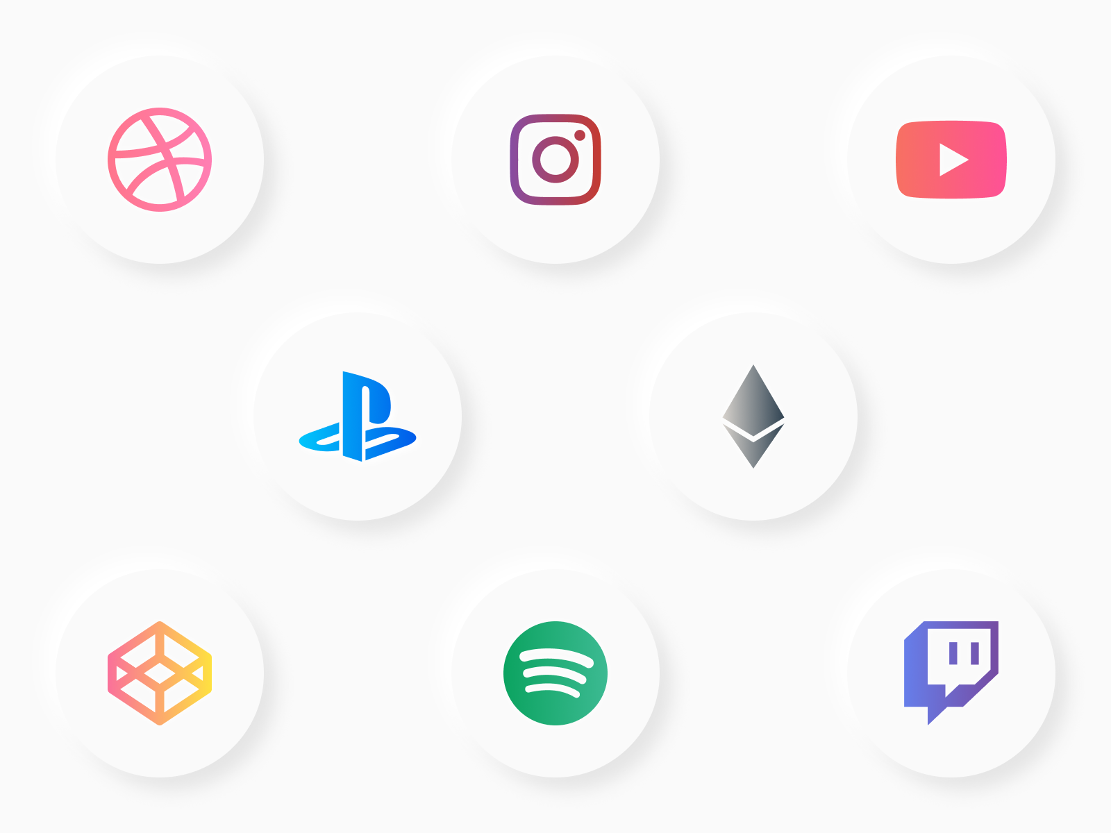 Icon Test design graphic design gradient buttons ui test neumorphism social media twitch spotify codepen cryptocurrency crypto ethereum youtube instagram dribbble playstation icons