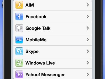 Add Account... accounts aim app facebook google im ios iphone live messenger mobileme skype ui windows yahoo