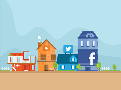 GetKudos initial illustration facebook flat google plus houses illustration kudos twitter zopim