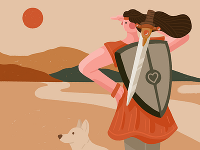 Heroine adventure character dog flat heroine illustration mission shield sword woman
