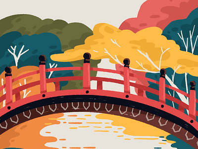 Shimogamo Shrine Bridge asian autumn bridge illustration japan kyoto trees