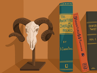Bookshelf bone book books creepy home horn illustration shelf sherlock skull