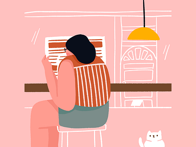 Stripes cafe cat character coffeeshop illustration newspaper streets woman