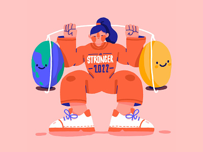 A stronger 2022 balance character earth emoji girl illustration strong weight lifting woman world peace