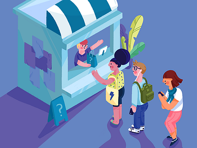 Merchant shop buying characters illustration isometric queue selling shop