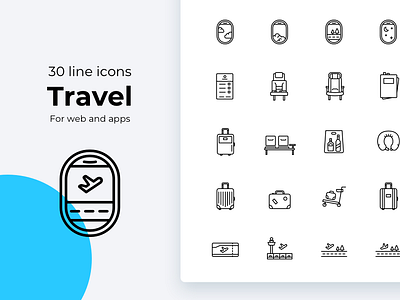 Travel icons air ticket briefcase duty free flight holiday icon luggage luggage tag monorail passport plane plane seat plane window seat take off toothbrush transit travel pillow trolley vacation