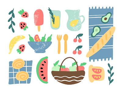 Picnic illustration avocado blanket buns cherry food fruit ice pop illustraion lemonade picnic strawberry watermelon
