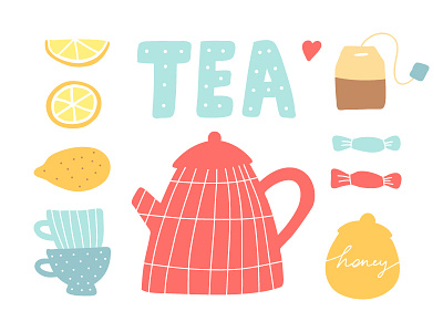 Tea hand drawing vector illustration for poster candy cups hand draw illistration kettle lemon placard poster tea tea bag