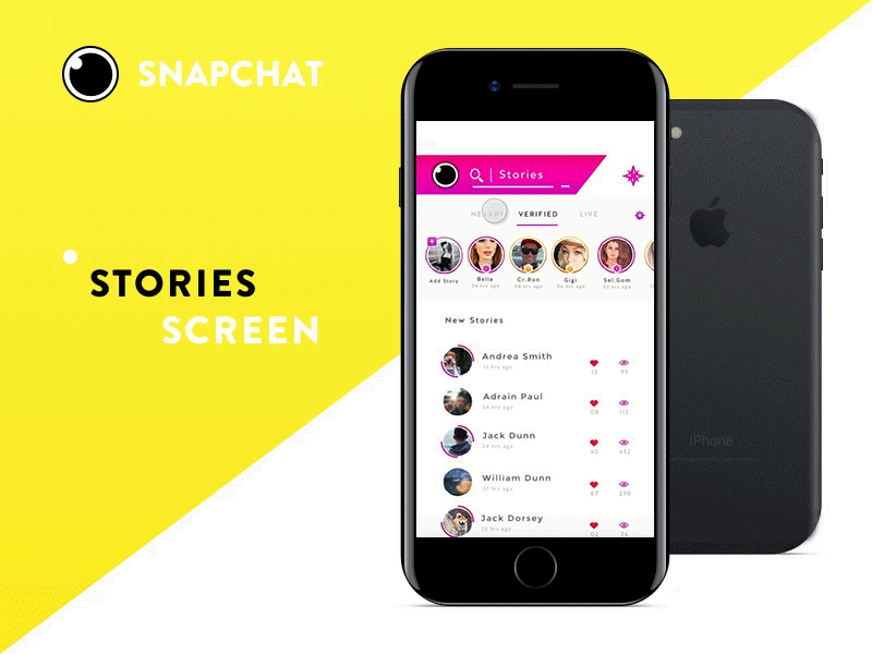 Stories Screen - Snapchat aesthetics chat flight interaction design ios messaging product design shot ui ux