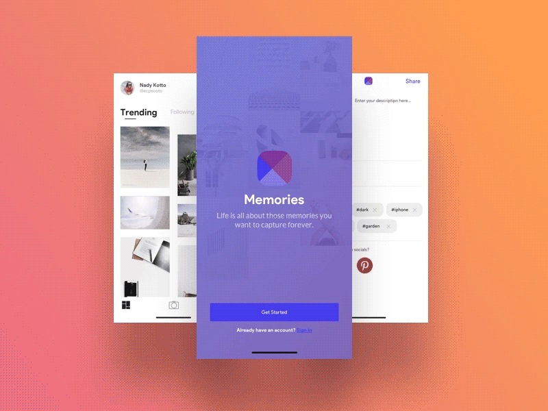 Memories Photo App - Animation animation app design flat kit mobile photography typography ui ux web