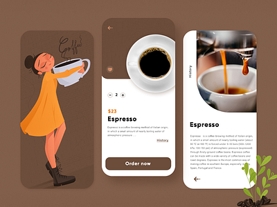 Coffe App adobe xd app brown brunette character coffee coffee cup design girl illustration mobile app mobile ui mobile ux ordering app ui ux vector