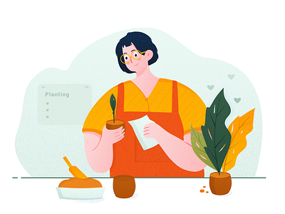 Planting Illustration character design girl green illustration orange plant plantng vector website