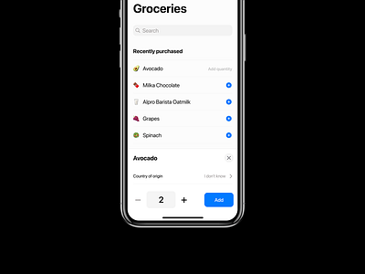 Groceries Screen ecomerce emoji groceries grocery app icons ios list minimalist minimalistic mobile app native ui shopping shopping app typography ui user interface ux visual design