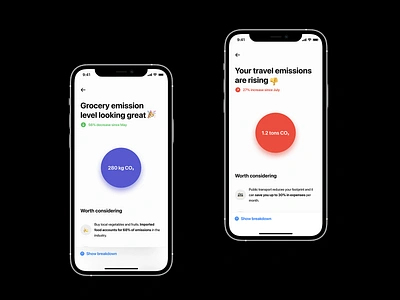 Carbon Footprint Tracking behavior carbon footprint clean colorful emoji environment footprint global warming graphs green infographics minimalistic mobile app ui ui design ux visual design