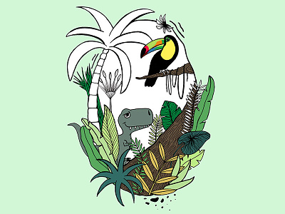 in the jungle art color dinosaur green illustration jungle leaves nature tukan wildlife