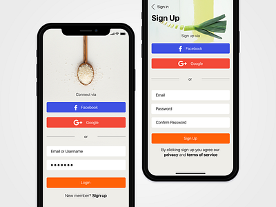 Krafty - Login & Sign Up app clean design dishes food food and drink iphone kitchen login recipes sign up ui ux