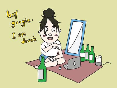 drunk best friend cute design drunk flat google home graphic illustration soju vector