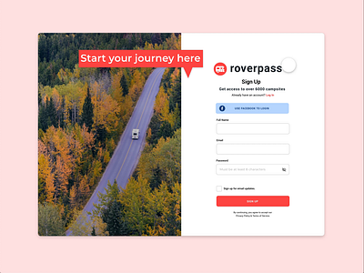 Roverpass Signup form adobe xd adobexd challenge datainputs entry form interactions red redesign concept roverpass setup sign up signup startup branding ui uidesign uikit webpage webpagedesign