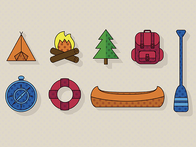 Camping Icons backpack camping canoe compass flat design half tone illustration oar pine tree raft summer tent