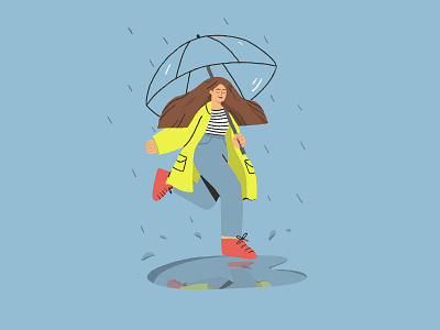 Rainy Day coat girl puddle rain umbrella yellow