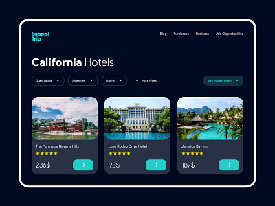 Hotel Search Results In Dark Mode booking california card consept dark dark mode design desktop filter hotel hotel website modern result search sort ui website