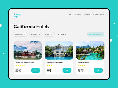 Hotel Search Results In Light Mode booking california card consept dark dark mode design desktop filter hotel hotel website modern page result search sort ui website