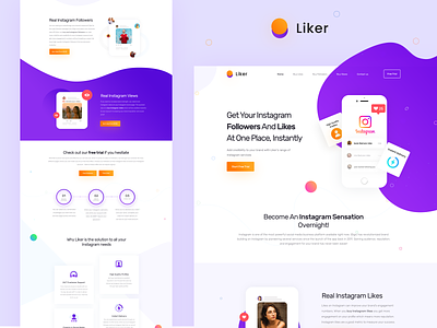 Wepage design for Liker instagram instagram design landingpage minimalism modern purple uiuxdesign webdesign