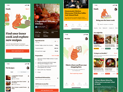 Foody - Concept Recipe App inspired by Dropbox app cards cat clean design design system food green illustration ios kawai minimal mobile new product design recipe ui