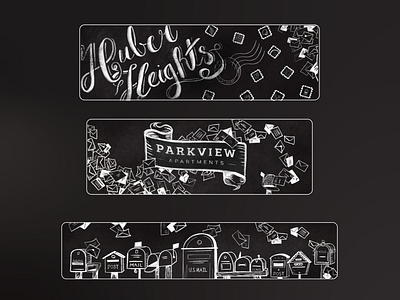 Chalkboard Style Mailroom Wall Graphics chalk chalkboard drawing envelopes handlettering illustraion interior interior graphics large format mail mailboxes mailroom post post office script stamps wall graphics
