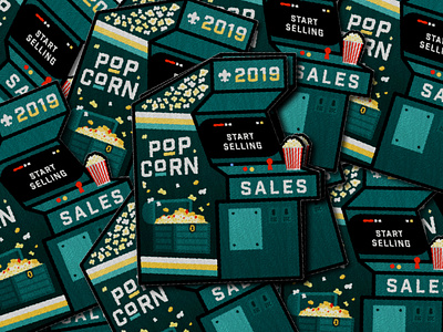 Popcorn Patch Collection 2019 aracde badge branding design green icon illustration joystick patch popcorn scouts treasure chest typography video games