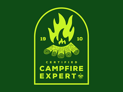 T-Shirt - Campfire Expert badge boy scouts branding campfire expert fire flames graphic design green illustration logs neon patch t shirt tee tee design vector