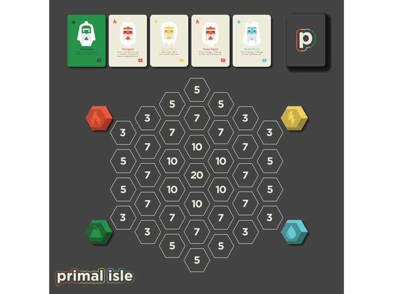 Primal Isle - Board Game board game cards earth fire game design graphic design hexagon icons island lightning pattern water