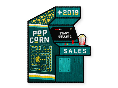 Popcorn Sales Patch - WIP animation arcade design dig dug illustration joystick pacman patch popcorn retro start video game